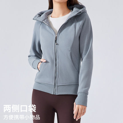 Sports Sweatshirt Jacket Autumn and Winter New Color Jacket Zipper Hooded Fleece-Lined Thickeneded Warm Running Fitness Yoga Wear for Women