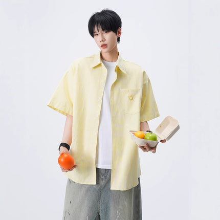 Smiley Face Embroidered Short-Sleeved Shirts for Men and Women 2025 Summer Lapel Stripesd Jacket Tops Handsome Loose Casual Shirts