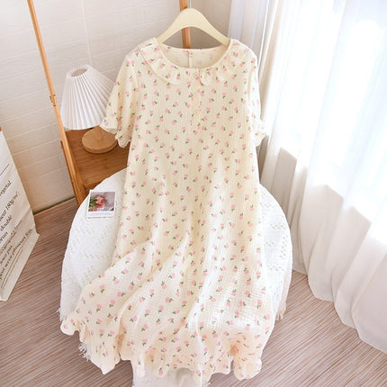 Women's Cotton Double-layer Gauze Baby's Cotton Nightdress Summer New Short-sleeved plus size Loose Thin Cotton Home Clothes