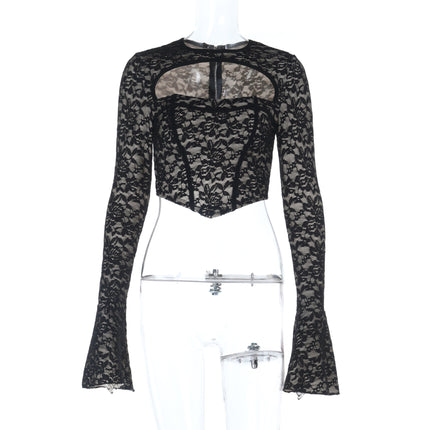 Wish Cross-Border New Women's Lace Long-Sleeved Cut Out Jacquard Navel-Baring Fashion Party Sexy Slimming Look Top