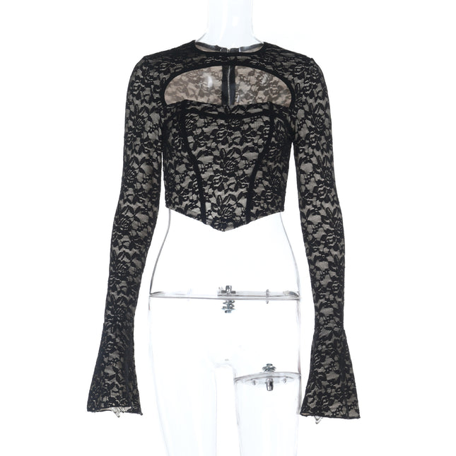 Wish Cross-Border New Women's Lace Long-Sleeved Cut Out Jacquard Navel-Baring Fashion Party Sexy Slimming Look Top