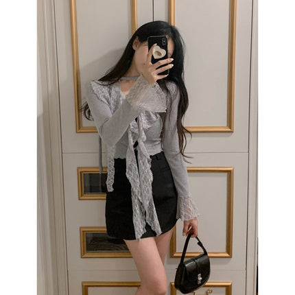 South Korea Dongdaemun New Product Touching Sexy Feminine Ruffled Ribbon Slim Lace Shirt sn