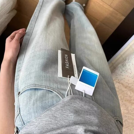 Light Color Jeans Women's Autumn Thin plus size chubby girl High Waist Slimming Loose Straight Leg Pants Texture Light Luxury Pants