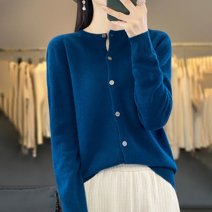 Factory wholesale autumn and winter new 100% wool round neck knitted cardigan women slim fit knitted coat sweater Joker
