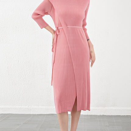Miyake High-End Dress Long-Sleeved French Garden Collar Pleated Slit Lace-Up Slim One-Piece Dress for Women