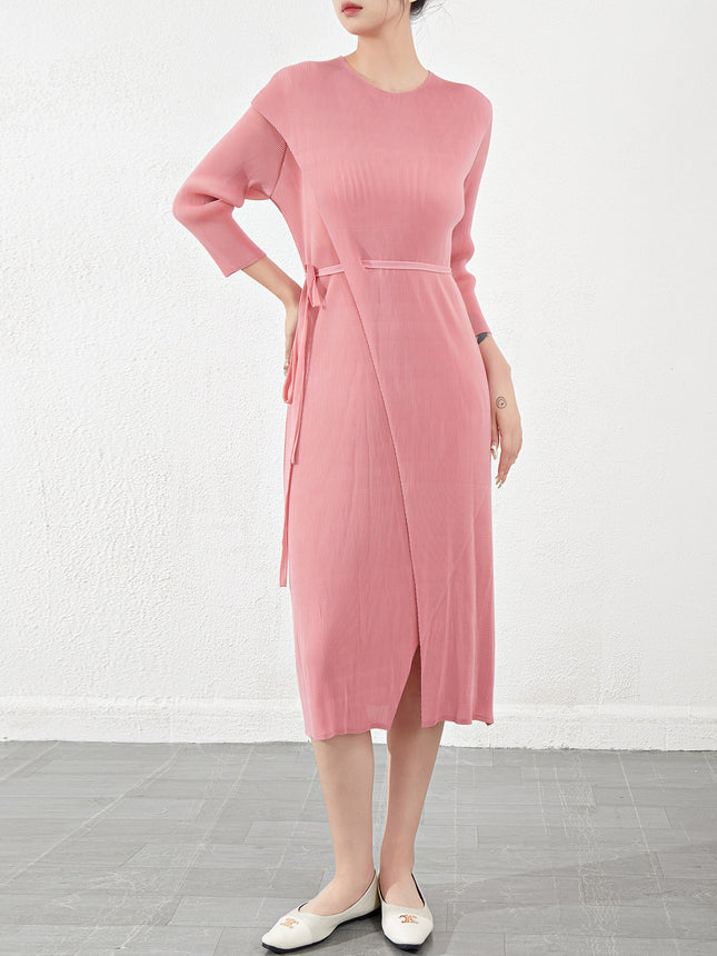Miyake High-End Dress Long-Sleeved French Garden Collar Pleated Slit Lace-Up Slim One-Piece Dress for Women