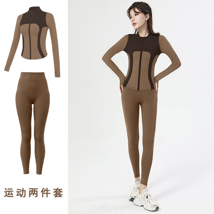 Spring New Outdoor Quick-drying Yoga Clothes suit Women's High Elastic Slim-fit Slimming Contrast Zipper Casual Sports Top