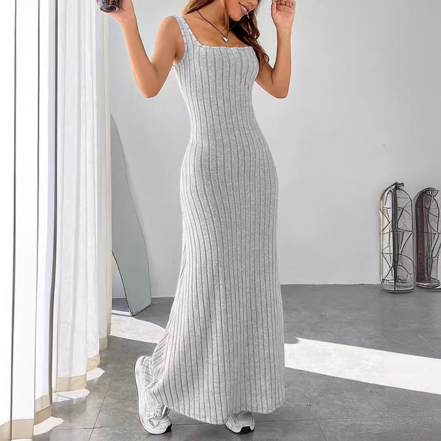 2024 New Solid Color Pit Scrub Sling Sling Casual Style Dress Women's Long Dress