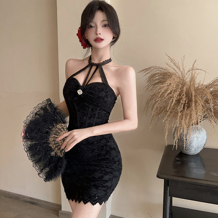French Style Pure Sexy Neck Shoulder Strap dress 2025 Summer New Lace Crochet Hip Pencil Skirt