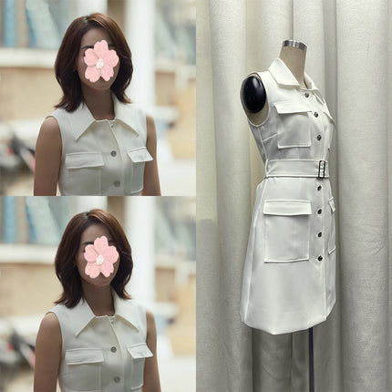 The Story of Rose Guan Zhizhi Blue Yingying Same Style White dress Multi-pocket Belt Waist Sleeveless Skirt Summer