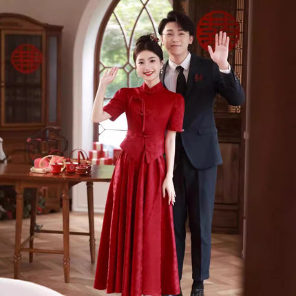 Chinese Style Toasting Dress New Style Bride's Vertical Collar Long Sleeve Slimming Back Door Dress Red Engagement Dress Women's Cheongsam Xiuhe Dress