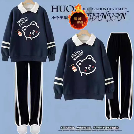 Junior high school students polo collar fleece-lined padded sweater suit autumn and winter girls fashionable sports two-piece set batch