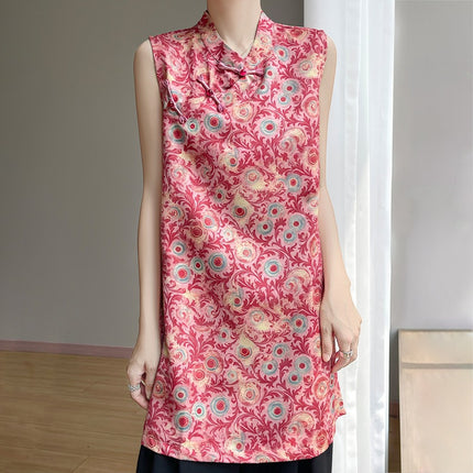 New Chinese Style Satin Stand Collar Sleeveless Vest for Women 2025 Summer New Style Buckle Printed Loose Top