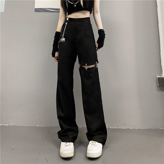 New Design Detachable Ripped Casual Pants for Women Summer Hollow Casual Suit Pants High Waist Slim Long Pants
