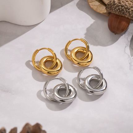 Xia Ling Simple and Stylish Double-Layer Ring Splicing Earrings Stainless Steel Plated with 18K Gold Versatile and Unique Titanium Steel Earrings for Women