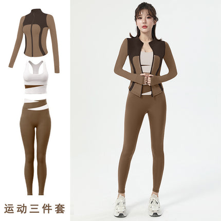 Spring New Outdoor Quick-drying Yoga Clothes suit Women's High Elastic Slim-fit Slimming Contrast Zipper Casual Sports Top