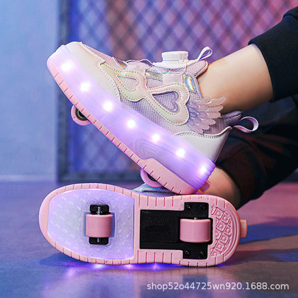 Autumn New Girls' Sports Shoes, Roller Shoes, Double-Wheel Roller Shoes, Rotating Buckle Children's Flashing Light Roller Skates, Girls' Shoes