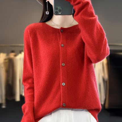 Round neck first-line clothing pure wool sweater cardigan coat women's osmanthus needle knitted bottoming shirt long sleeve solid color top