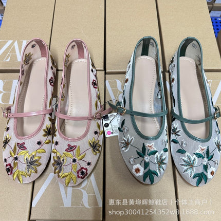 Za Spanish Round-Toe Mesh Green Floral Embroidered Mesh Fabric Ballet Flats Women's Shoes European and American Style