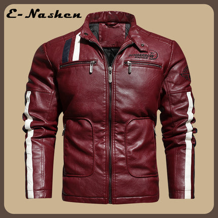Men's Leather Jacket Autumn and Winter Motorcycle Leather Racing Suit Color Matching Embroidered Motorcycle Pu Jacket Windproof Cotton Jacket