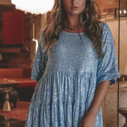 Cross-Border European and American Style Glitter Sequin Half-Sleeved Round Neck Ruffled Loose Short-Sleeved Dress Banquet Dress 10 Colors