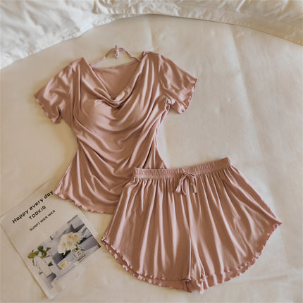 Girls' Pajamas Modal Cotton Short-Sleeved Shorts Summer Lace Women's Three-Piece Casual Home Wear Set with Breast Pads
