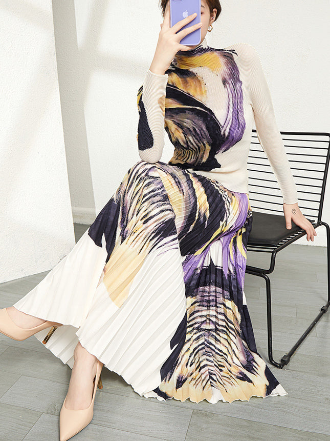 Miyake suit Women's Spring and Autumn Pleated High-end Fashion Printed Long-sleeve Garden Collar Elegant Age-reducing Slimming Long Dress Two-piece Set