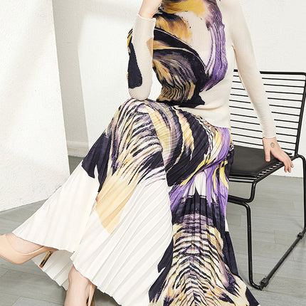 Miyake suit Women's Spring and Autumn Pleated High-end Fashion Printed Long-sleeve Garden Collar Elegant Age-reducing Slimming Long Dress Two-piece Set