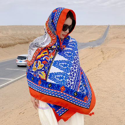 Ethnic style cotton and linen feel silk scarf travel sunscreen beach towel long outer wear decorative shawl thin scarf for women