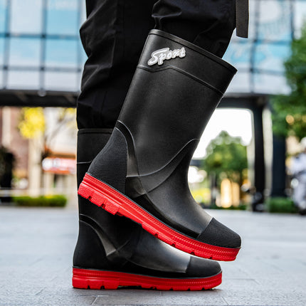 British Mid-High Boots, Rain Boots, Rain Boots, Contrasting Black and Red Fishing Boots, Car Wash Cleaning Wading Shoes, Work Shoes, Men's Water Boots
