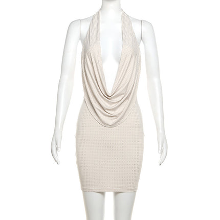 European and American Cross-Border Popular Short Skirt Solid Color Halter Neck Swing Collar Rhinestone Backless Royal Sister Sexy Elegant Slim Dress for Women