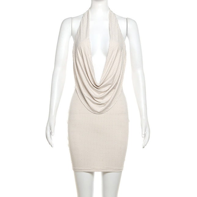 European and American Cross-Border Popular Short Skirt Solid Color Halter Neck Swing Collar Rhinestone Backless Royal Sister Sexy Elegant Slim Dress for Women