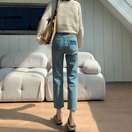 High Waist Slimming Straight Jeans Women's Autumn Thin New Arrival Casual All-match Design Nine-point French Stick Pipe Pants