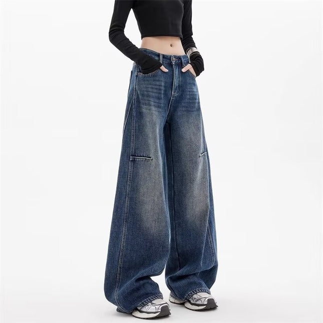 Vintage Blue Scimitar Jeans for Women Spring American Style 2025 New Plus Size Scythe Loose Floor-Length Wide-Leg Pants