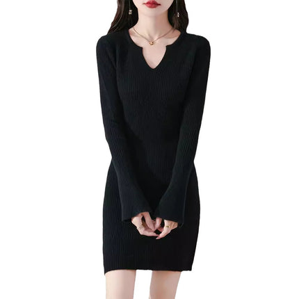 2025 Autumn and Winter V-Neck Women's Drawpack Mid-Length Sweater Slim-Fit Slimming Knitted Western-style Long Wool Dress