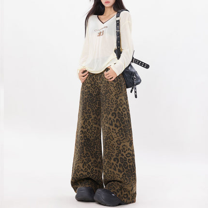 Street Style New High-Waisted Slimming Coffee Brown Leopard Print Pants 2025 Design Wide-Leg Jeans Trendy Women's Fashion
