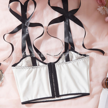 Cross-Border Hot-Selling Mesh Splicing Double-Layer Contrasting Ribbon Fishbone Steel Ring Sexy Sexy Camisole Women Km002
