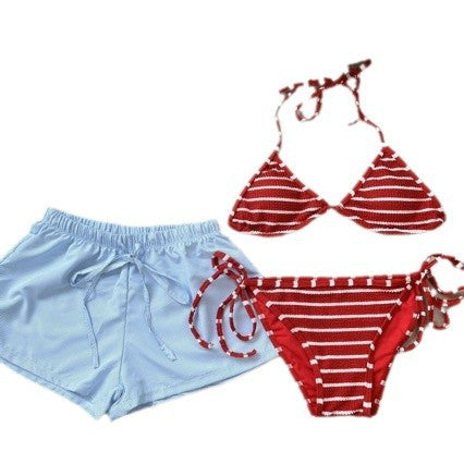 High-end Retro Striped Bikini Three-piece Set Sexy Split Flat Shorts Blue Beach Spa Vacation Swimsuit