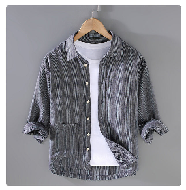 G062 New Summer Linen Men's Youth Three-Quarter Sleeve Shirt Loose Casual Versatile Japanese Style Style One Piece Drop Shipping
