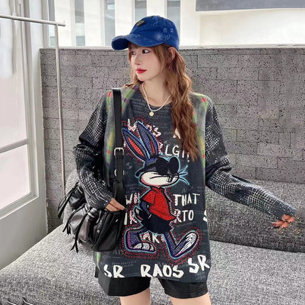 American Long-sleeved Knitted Shirt Women's T-shirt Trendy Brand New Sweater Women's Loose Slim Look Fashionable Top Hot Diamond Round Neck T-shirt