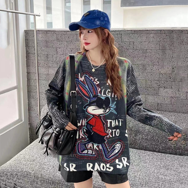 American Long-sleeved Knitted Shirt Women's T-shirt Trendy Brand New Sweater Women's Loose Slim Look Fashionable Top Hot Diamond Round Neck T-shirt