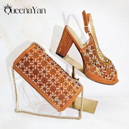 Queenyan Export Open-Toe Women's Shoes and Bags Set, Cut Out Design, Exquisite Hot Diamonds, Elegant Banquet Style