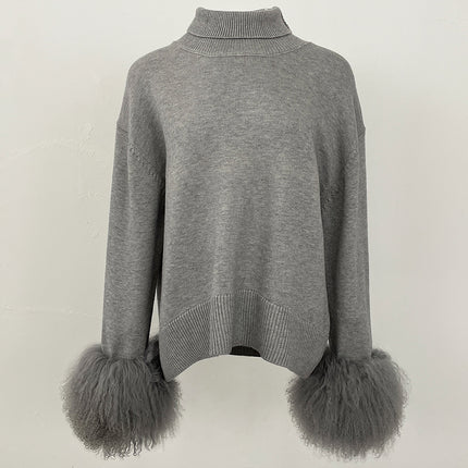 Women's Sweater Amazon Aliexpress Hot-Selling Autumn and Winter New Style Real Fox Fur Cuffs Loose High-Neck Knit Sweater for Women