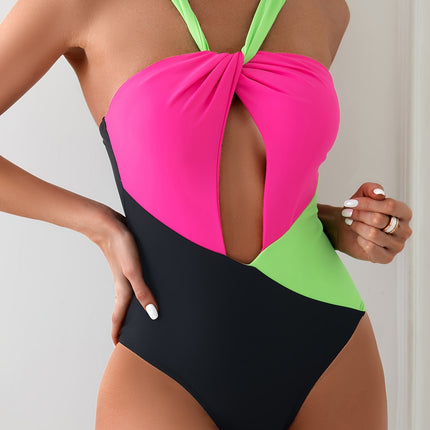 New European and American foreign trade cross-border tight one-piece swimsuit women's backless sexy hollow cross color matching Amazon swimsuit