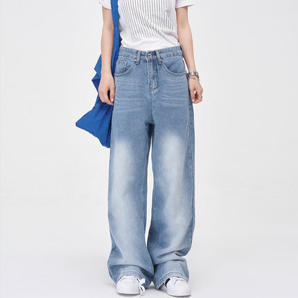 American Style Vintage High Street Washed White Light Jeans Women's Loose Wide Leg Straight Jeans Pants & Exlonged