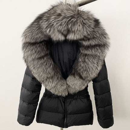 25 New Foreign Trade Hot Style Short Women's Real Fox Fur Collar down Jacket Thickened Slim Waist Fur down Jacket