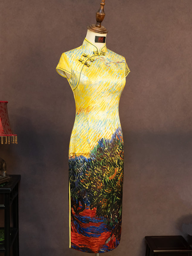 Hand-Painted Original Silk Cheongsam by Yan Yan, Olive Tree Makeup Photo Studio Custom Cheongsam