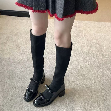 Chengdu Style ~ Small Fragrant Bow Thick Heel Short Boots for Women 2025 New High Heel Slim Boots Elastic High Boots