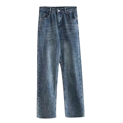 High Waist Small Straight Jeans Women's Spring and Autumn Vintage Slim Fit Cyber Celebrity Loose Rouge Cropped Stretch Pipe Pants