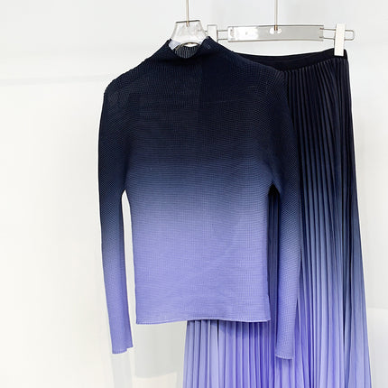 Textured Pleated Bottoming Shirt for Women, Elegant High Collar, Slim Fit, Miyake Non-Balling Gradient Long-Sleeved T-Shirt Top
